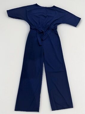 Navy Blue Belted Jumpsuit Size L Wide Leg Elegant Minimalist